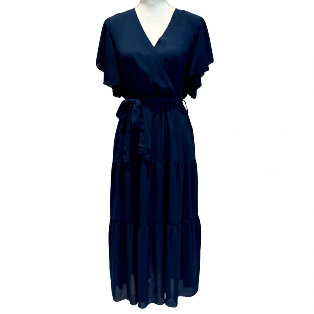 NWOT Navy Blue Flowy Midi Dress | Ruffle Sleeves + Elastic Waist (M) - Picture 4 of 13
